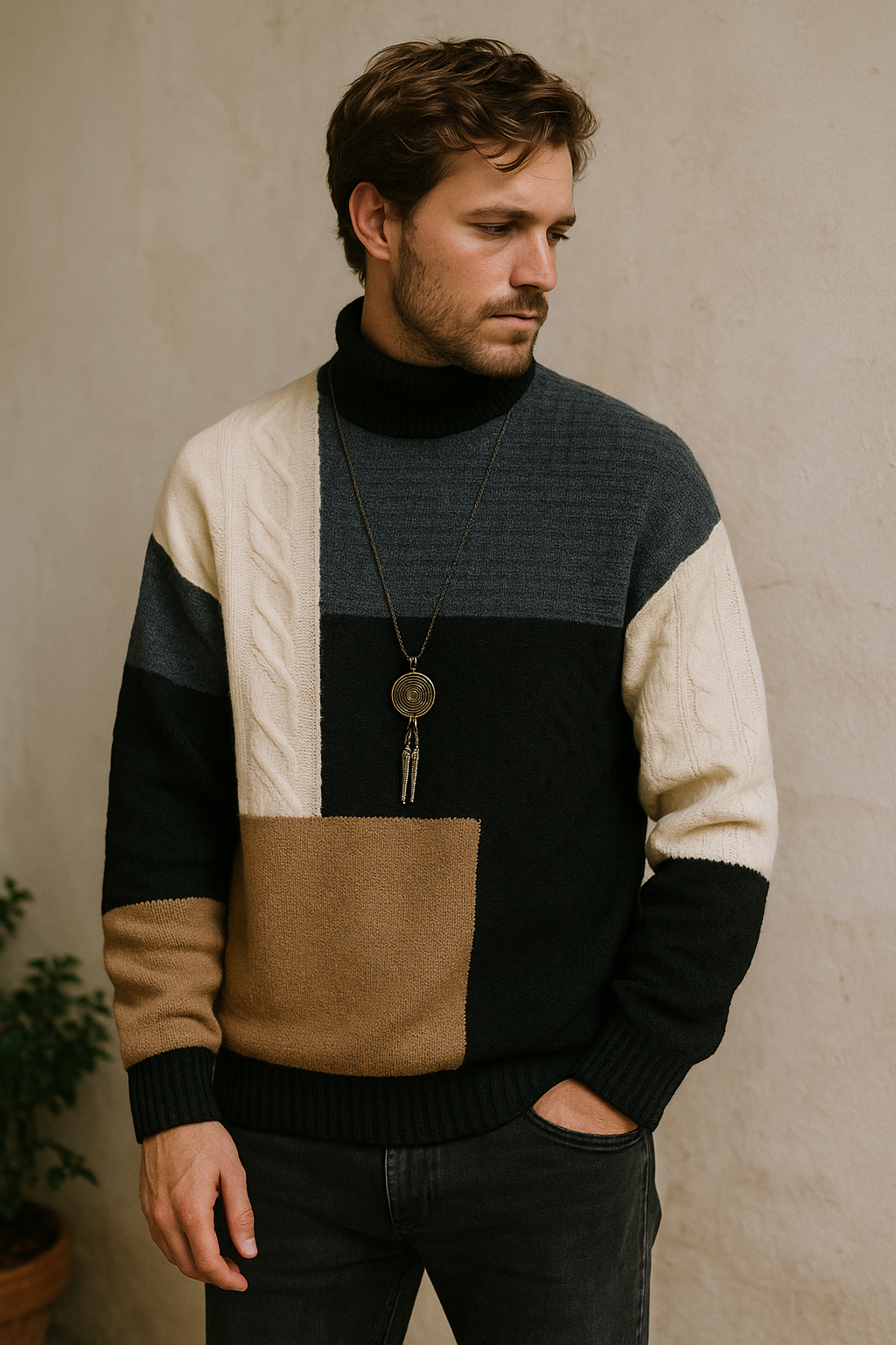 Men's Colour Block Sweater High Neck Long Sleeve | Retro Knit Style