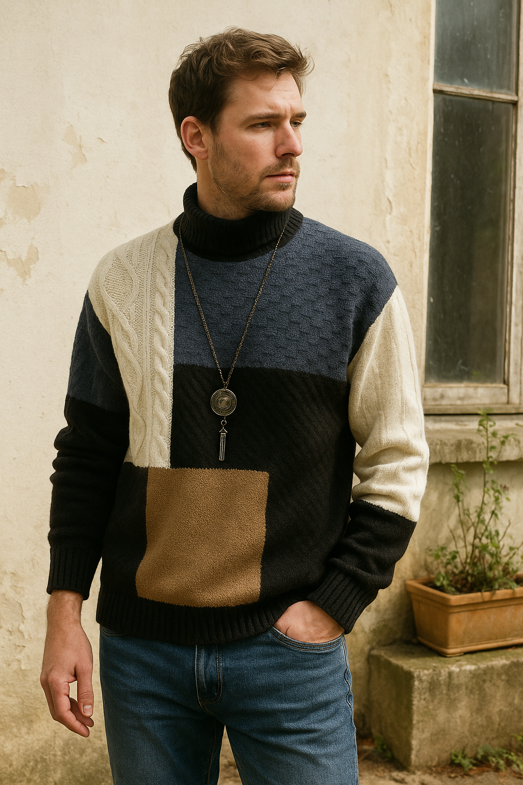 Men's Colour Block Sweater High Neck Long Sleeve | Retro Knit Style