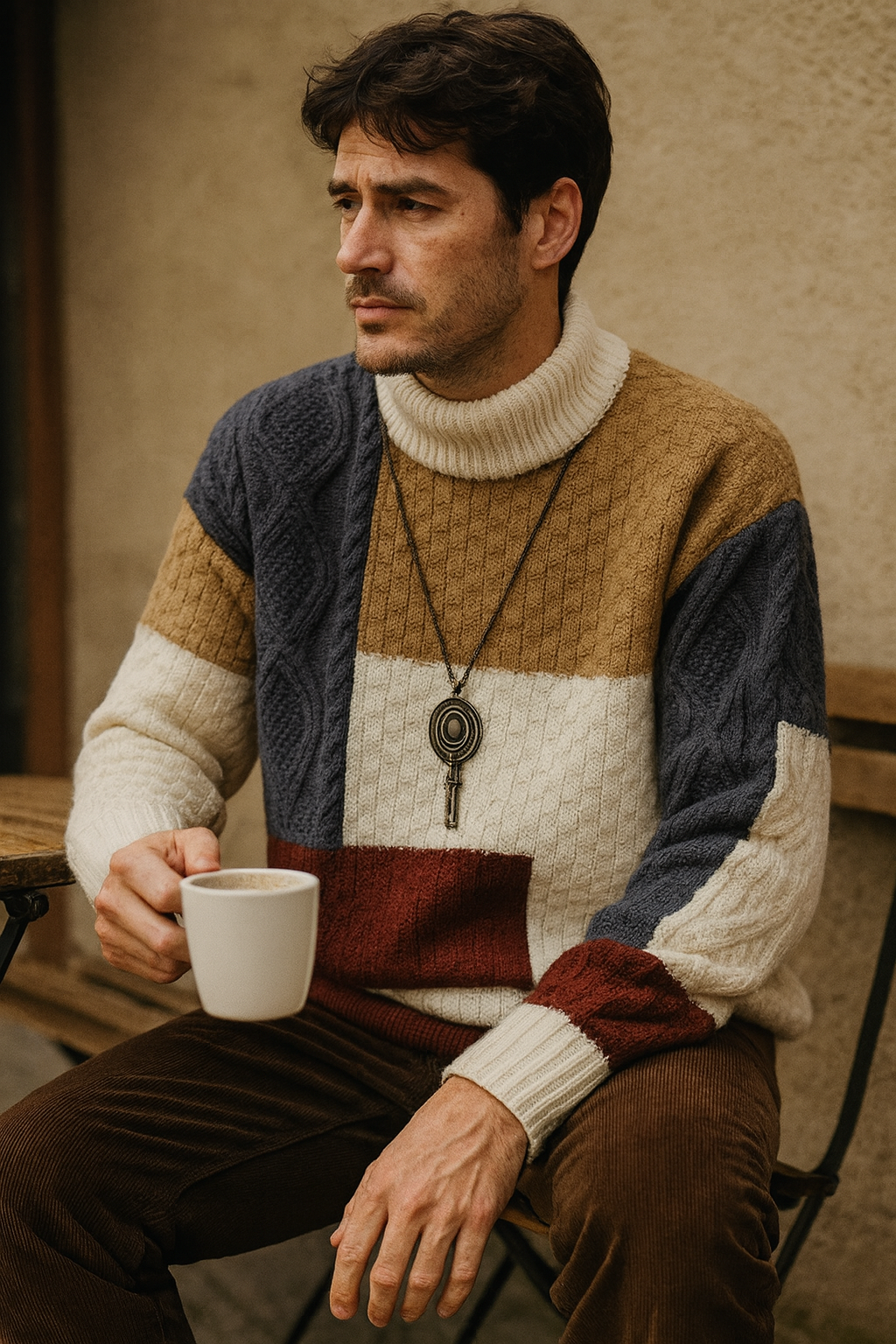 Men's Colour Block Sweater High Neck Long Sleeve | Retro Knit Style
