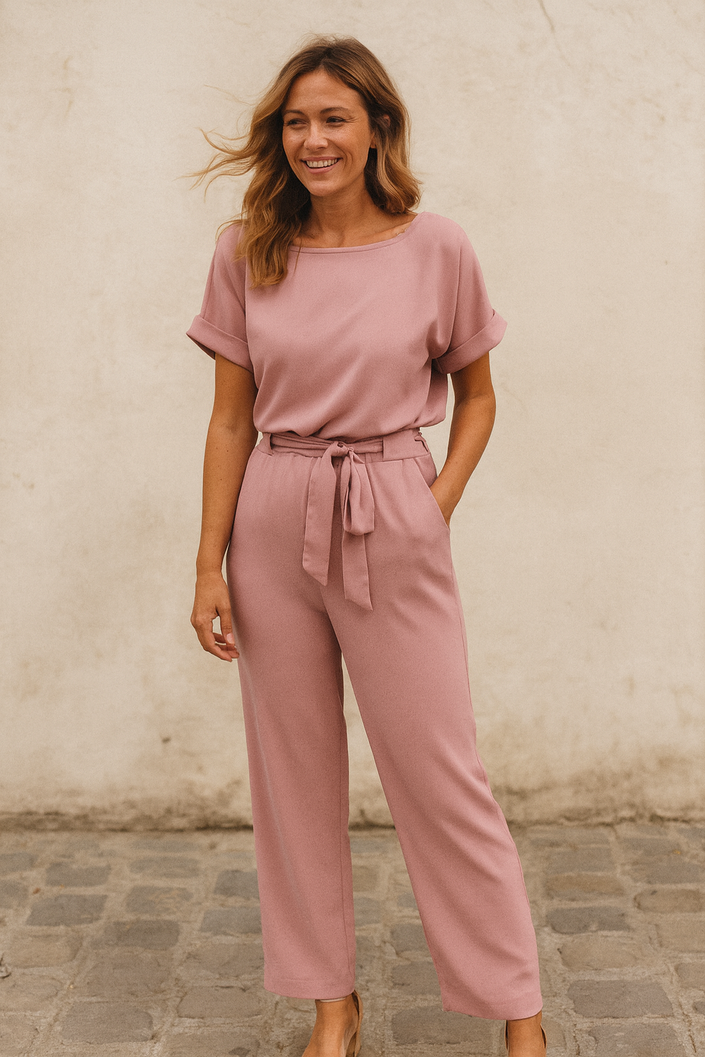 Women's Elegant Jumpsuit Short Sleeve Belted | Wide Leg Fit