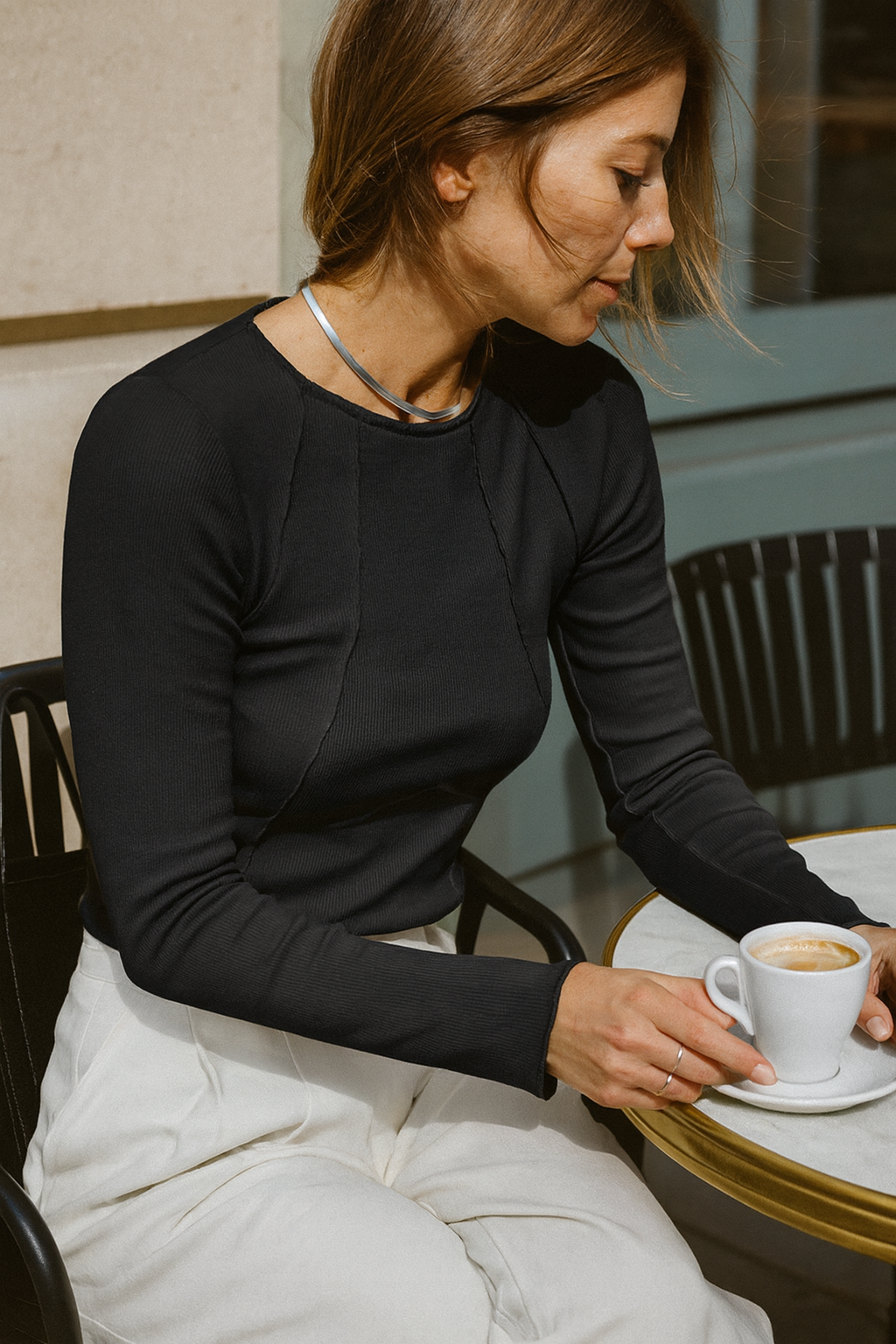 Women's Fitted Long Sleeve Top with Ribbed Texture | Minimalist Seam Detail