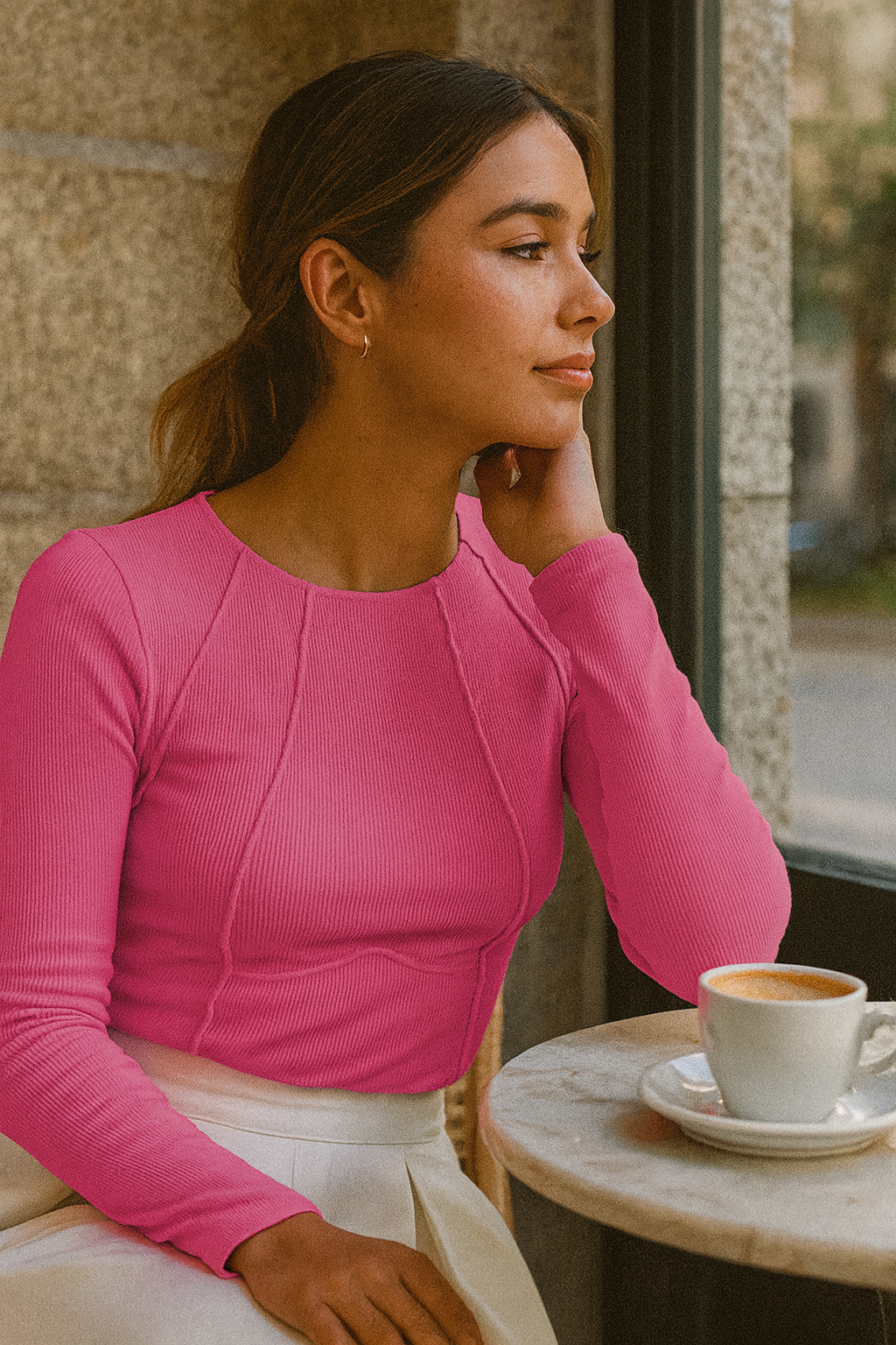 Women's Fitted Long Sleeve Top with Ribbed Texture | Minimalist Seam Detail