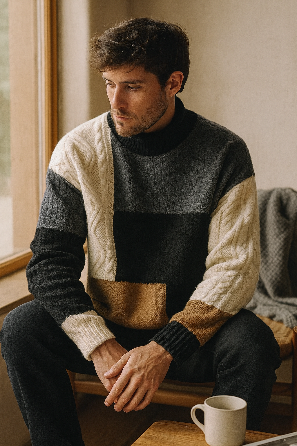 Men's Colour Block Sweater High Neck Long Sleeve | Retro Knit Style