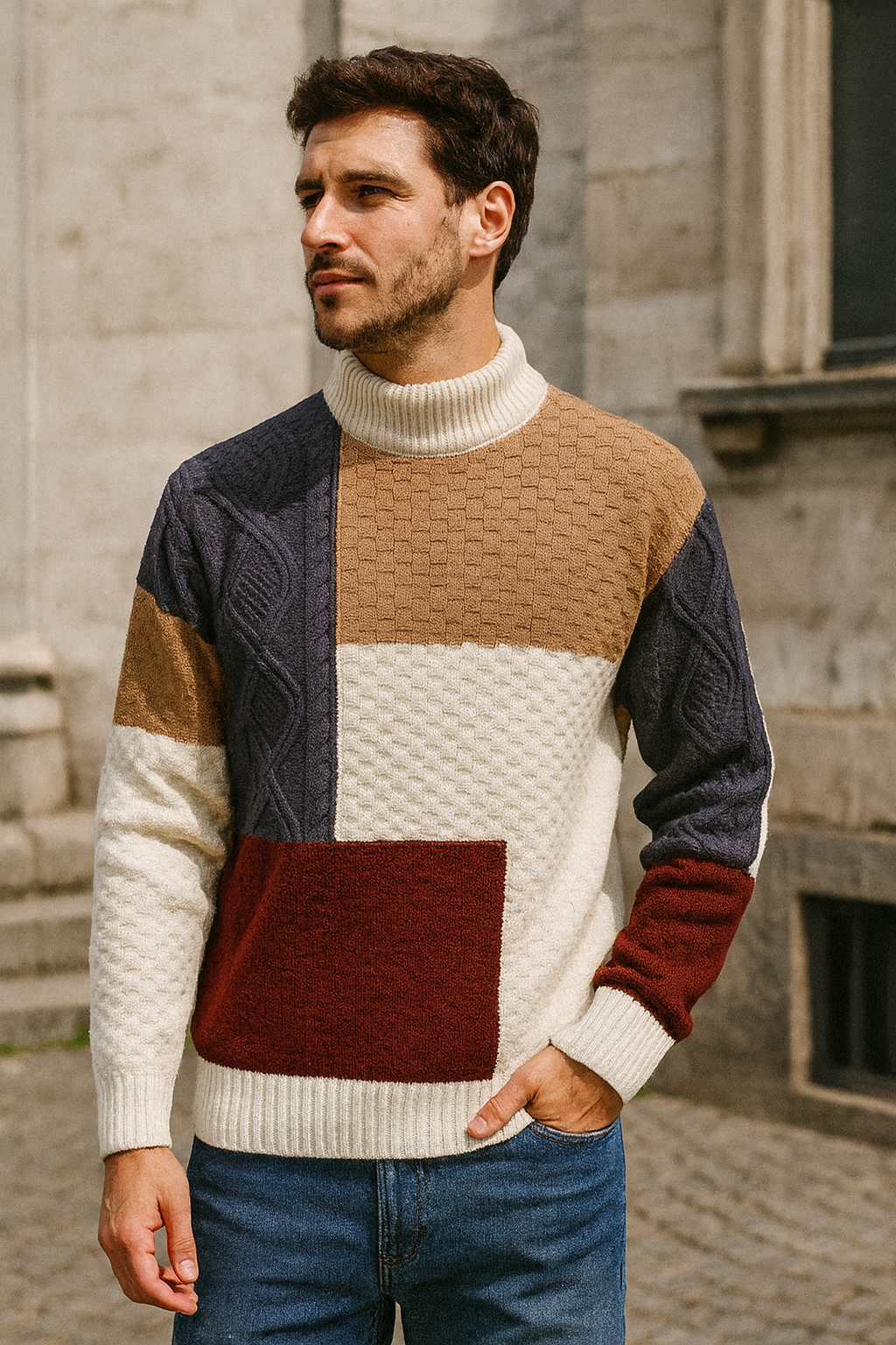 Men's Colour Block Sweater High Neck Long Sleeve | Retro Knit Style