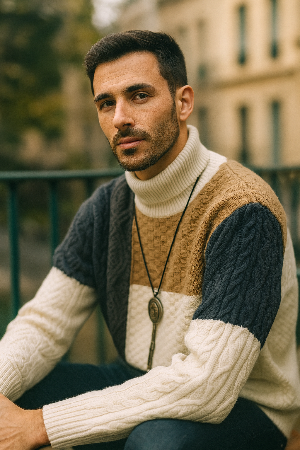 Men's Colour Block Sweater High Neck Long Sleeve | Retro Knit Style