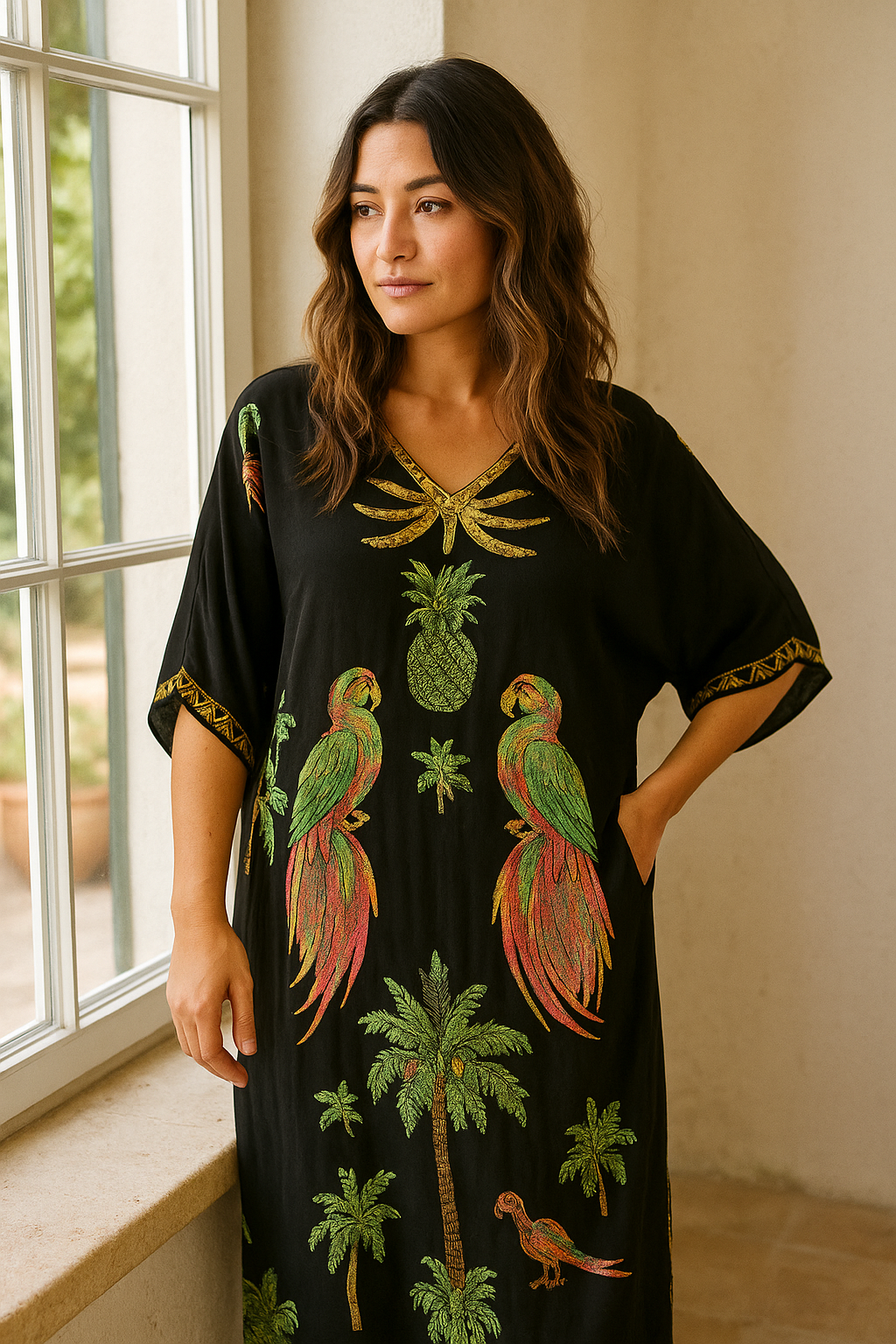 Women's Printed Dress V-Neck Loose Fit | Tropical Maxi Style