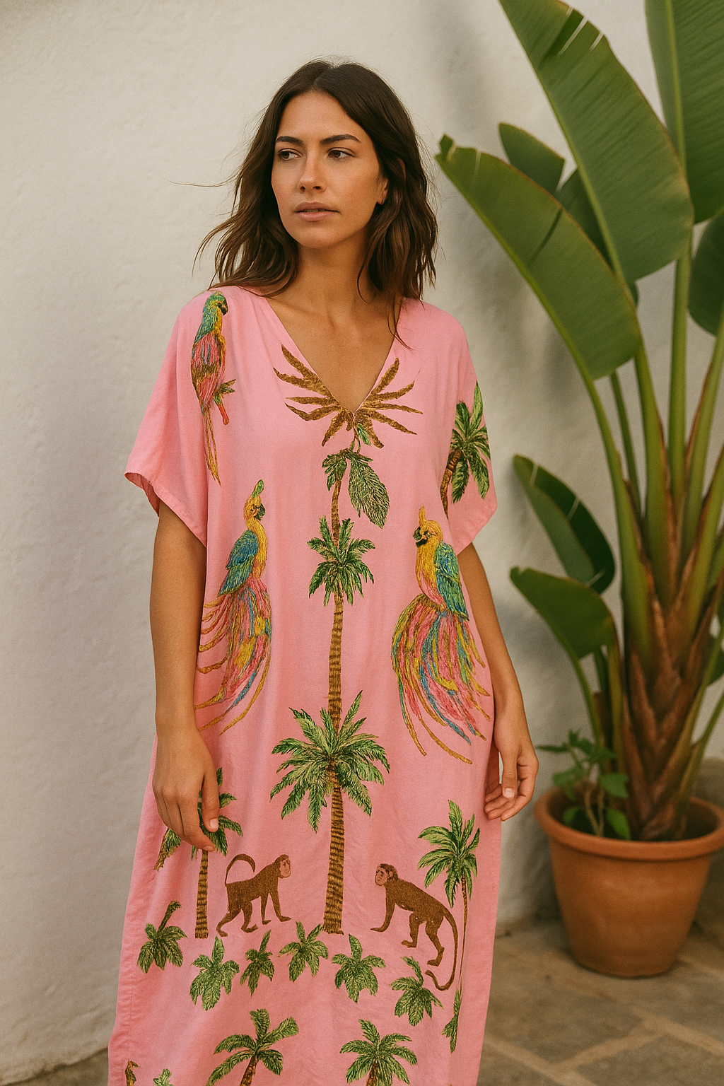 Women's Printed Dress V-Neck Loose Fit | Tropical Maxi Style